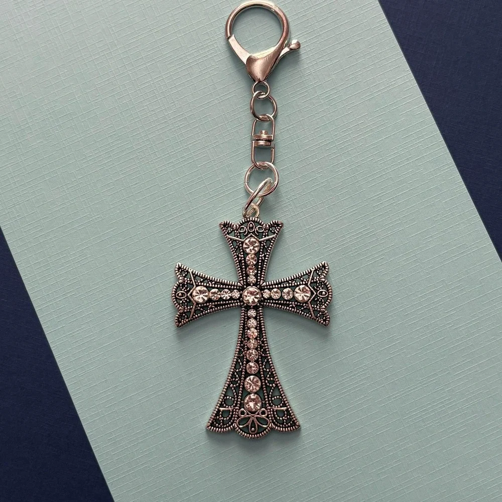 Antique Style Silver Rhinestone Cross Keychain Purse Charm Handbag Accesory‎